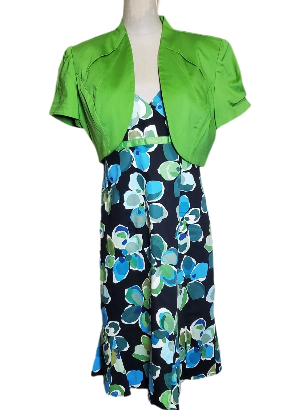 R & K Lime Green Cropped Bolero with Floral Strap Dress Sz 8